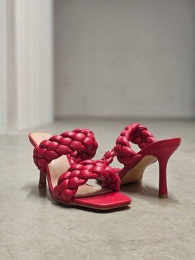Braided Red High Heel Slide Sandals With Square Toe & Double Strap Design